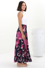 Lulu Maxi Skirt - Shirred Elasticated Waist Tiered Skirt in Ambi Print