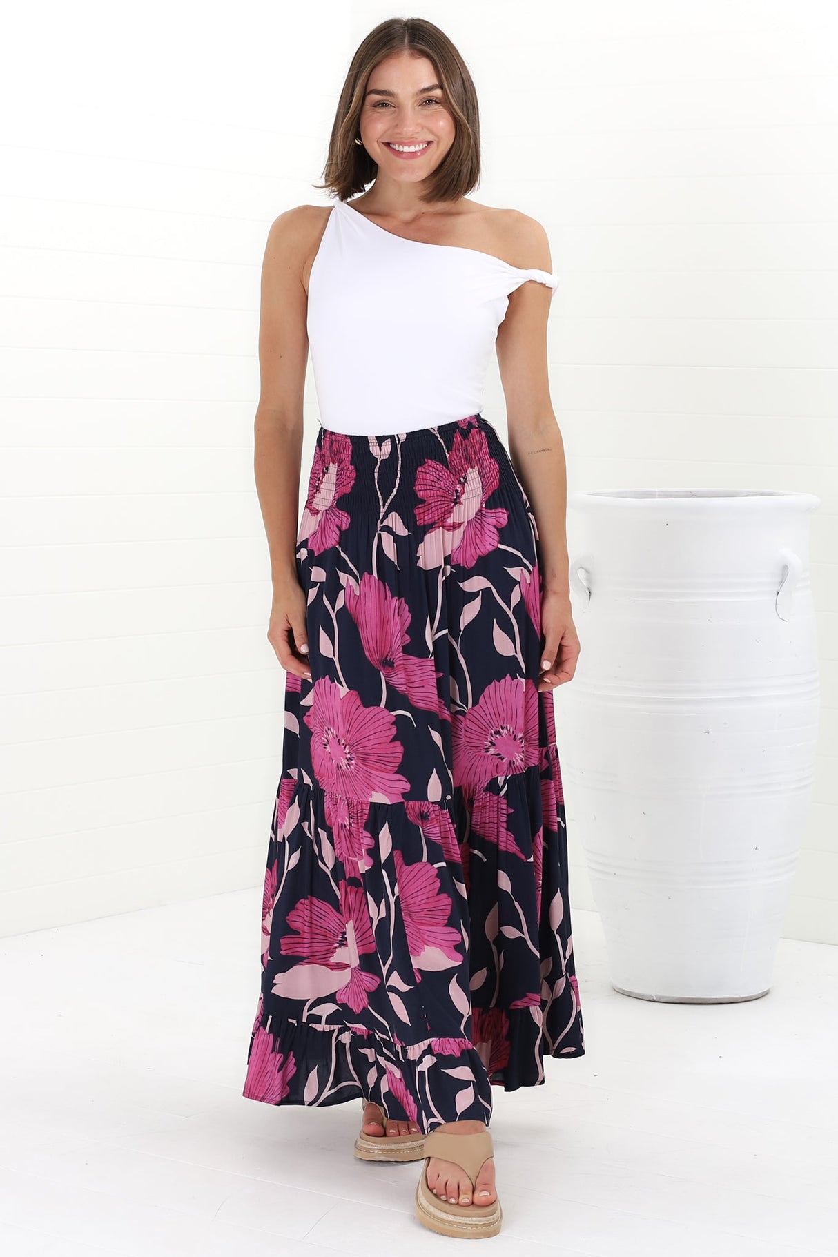 Lulu Maxi Skirt - Shirred Elasticated Waist Tiered Skirt in Ambi Print