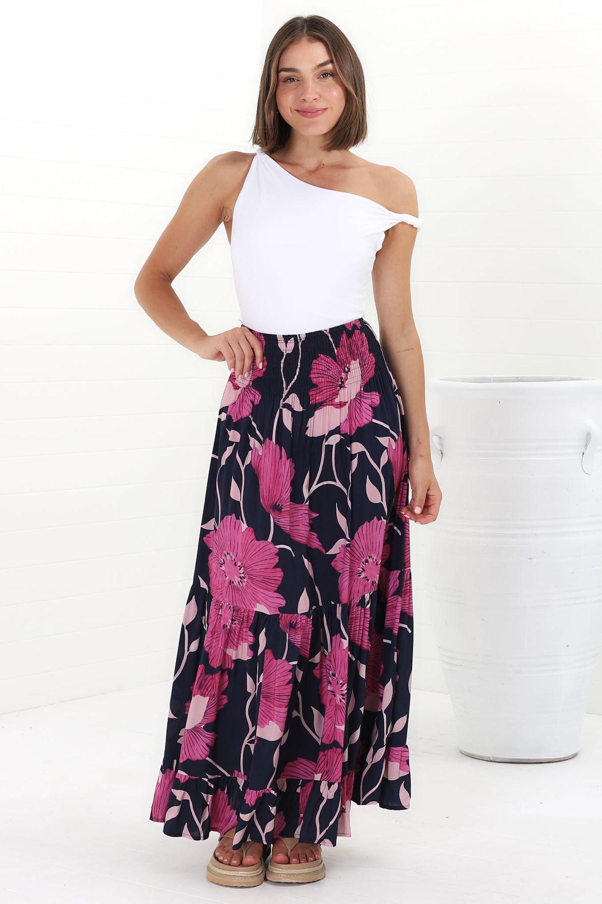 Lulu Maxi Skirt - Shirred Elasticated Waist Tiered Skirt in Ambi Print