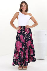 Lulu Maxi Skirt - Shirred Elasticated Waist Tiered Skirt in Ambi Print