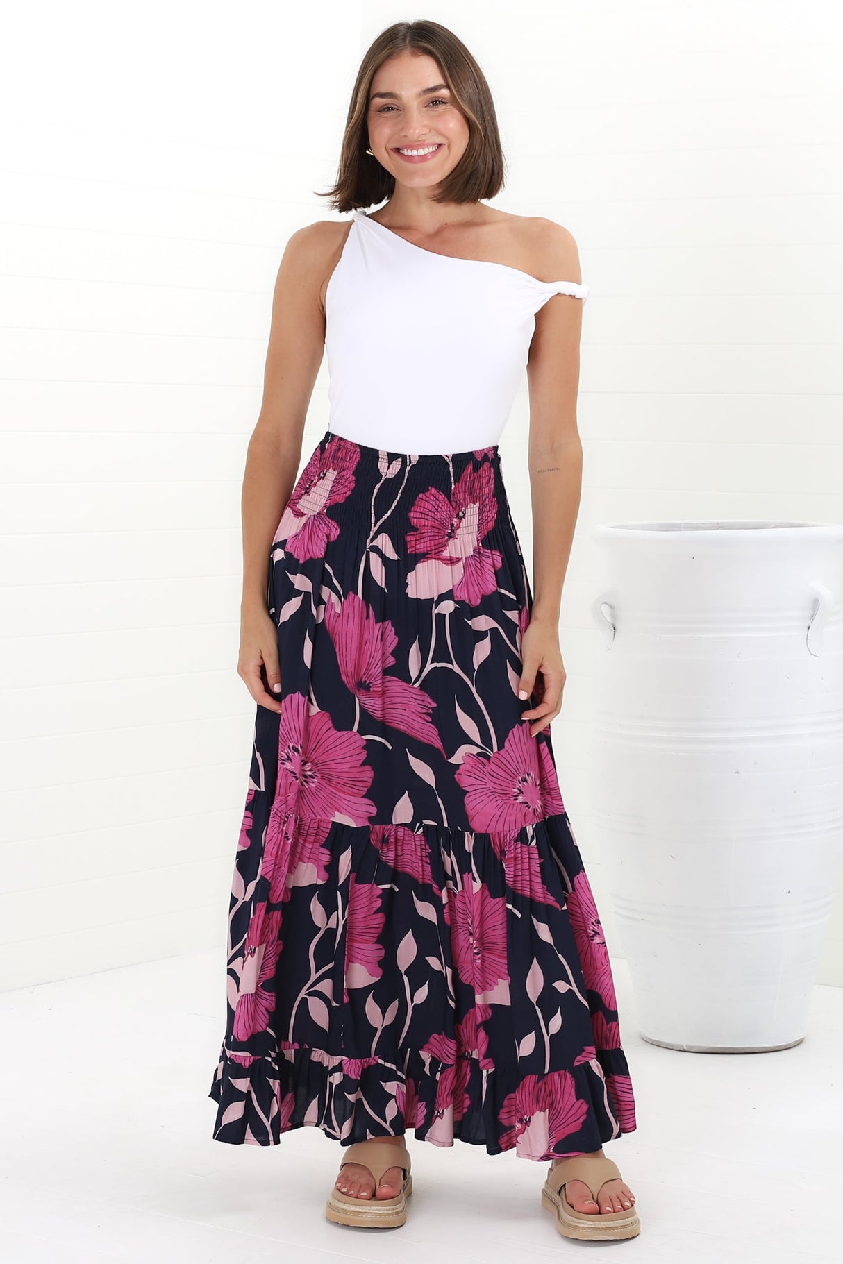 Lulu Maxi Skirt - Shirred Elasticated Waist Tiered Skirt in Ambi Print