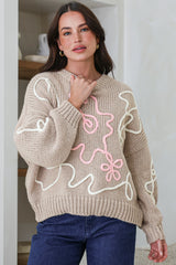 Lulu Jumper - Crew Neck Abstract Floral Motif Knit with Balloon Sleeves in Taupe