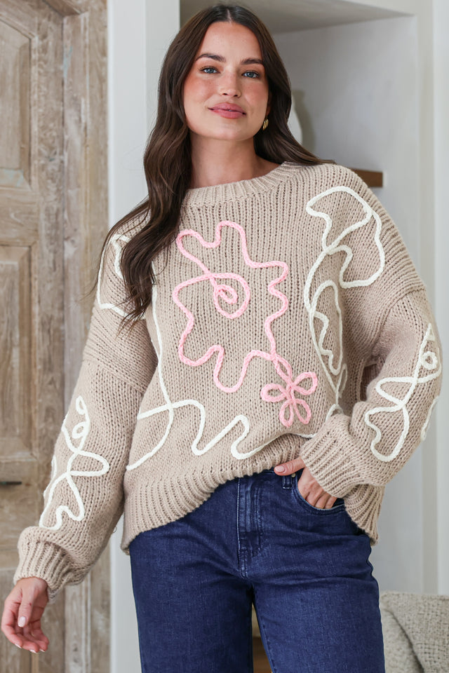 Model wearing Lulu Jumper in Taupe from Salty Crush