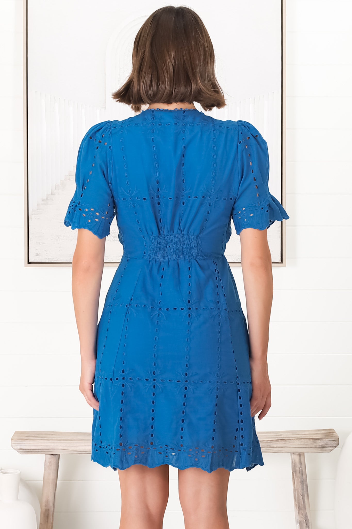 Lumi Mini Dress - Embroided Short Sleeve A Line Dress with Button Decal in Blue