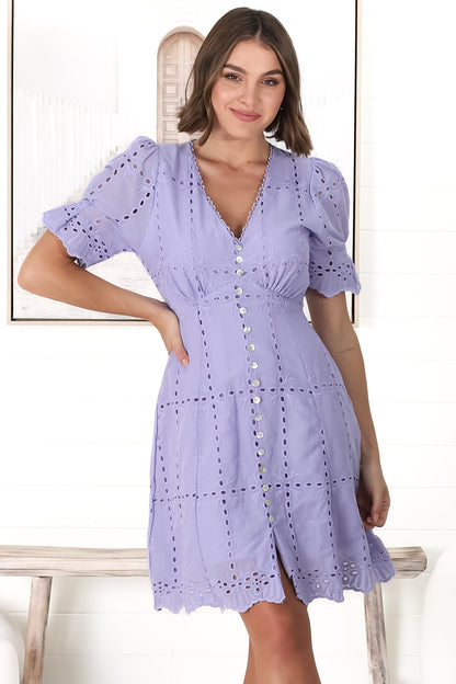 Lumi Mini Dress - Embroided Short Sleeve A Line Dress with Button Decal in Lilac