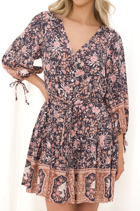 Luna Mini Dress - Deep V-Neck Button Down with 3/4 Sleeves in Feyth Print