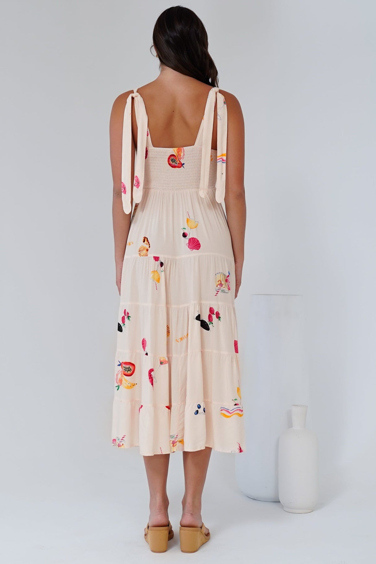Luna Midi Dress - Tie Up Strap Tiered Sun Dress in Seasons Print