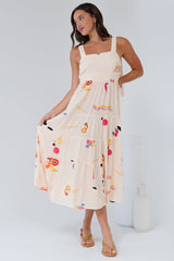 Luna Midi Dress - Tie Up Strap Tiered Sun Dress in Seasons Print