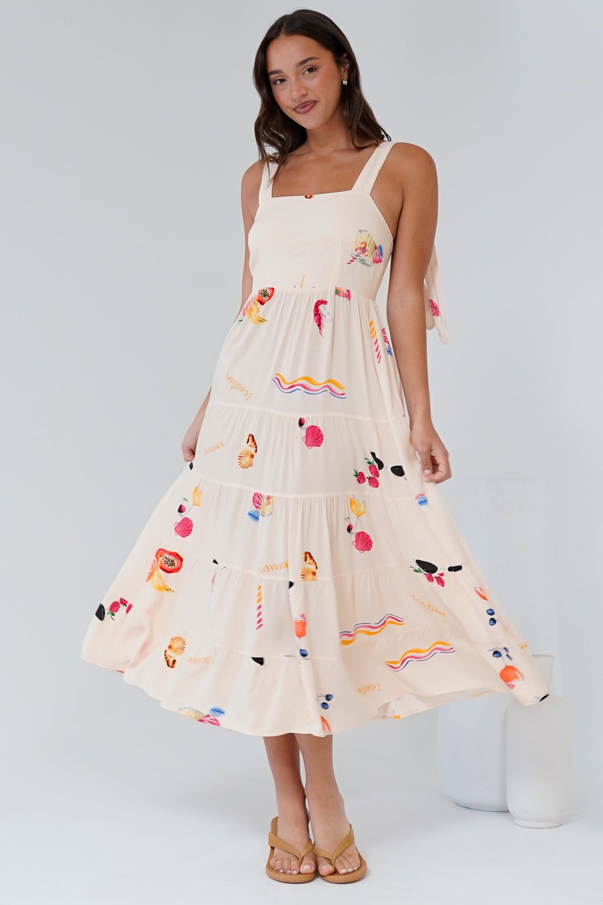 Luna Midi Dress - Tie Up Strap Tiered Sun Dress in Seasons Print