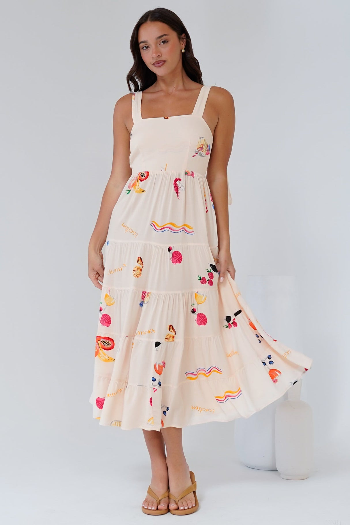 Luna Midi Dress - Tie Up Strap Tiered Sun Dress in Seasons Print