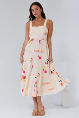 Luna Midi Dress - Tie Up Strap Tiered Sun Dress in Seasons Print