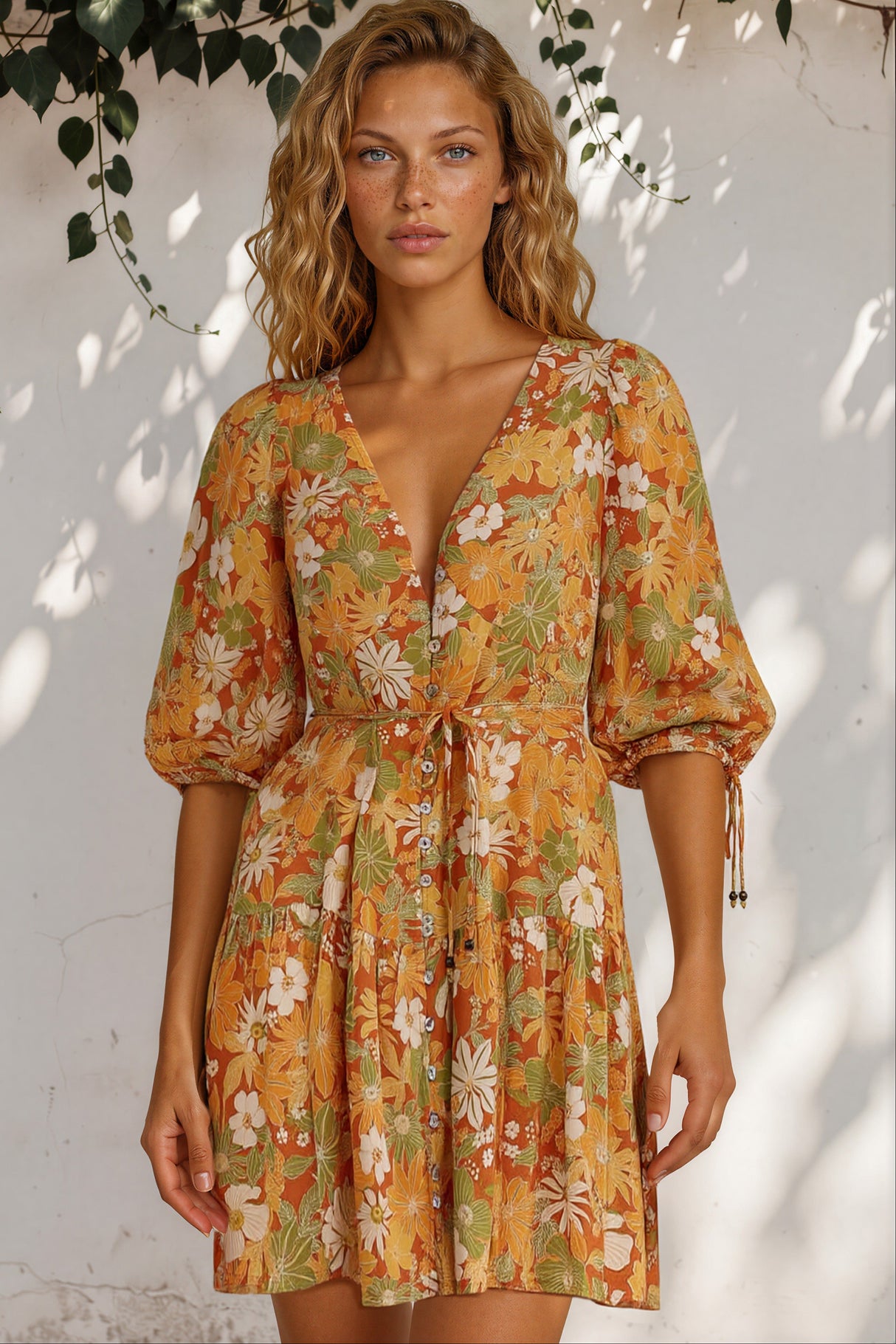 Woman wearing a floral dress with a white wall and greenery in the background