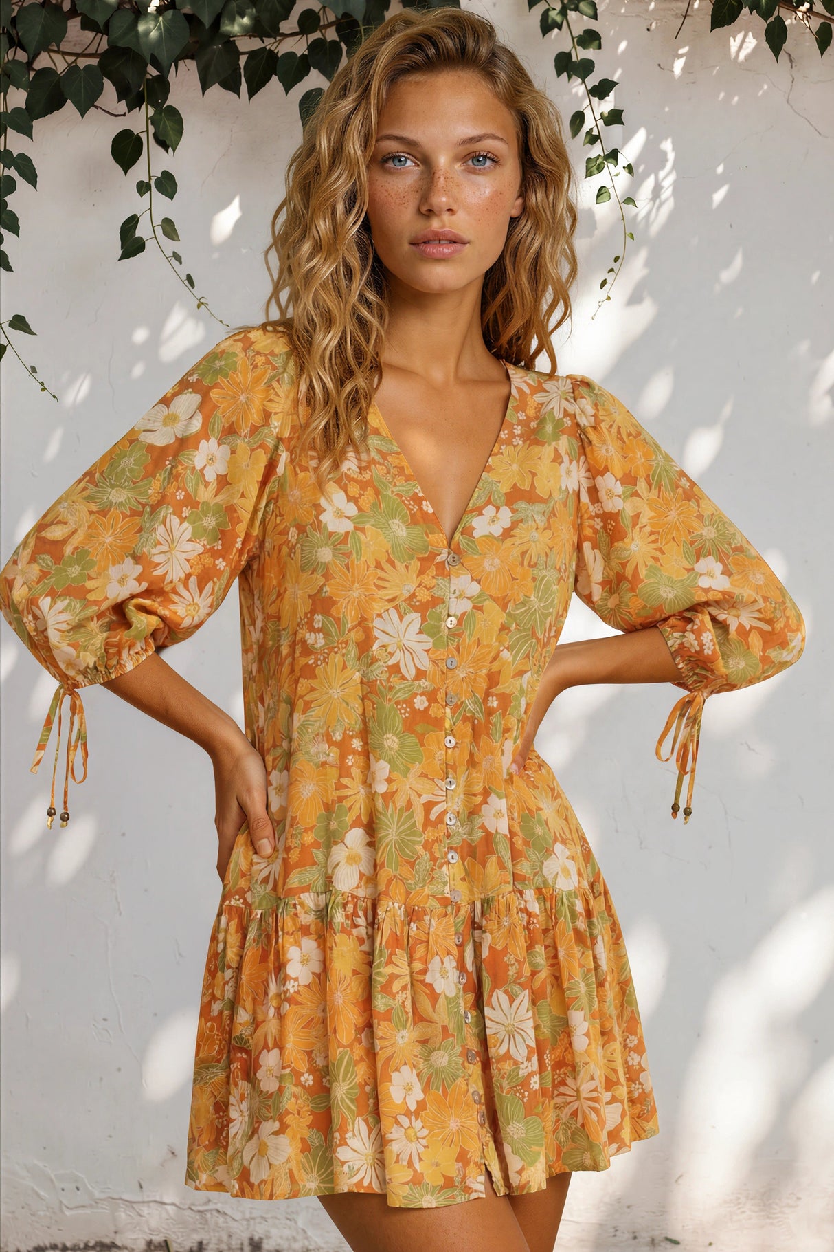 Woman wearing a floral dress with a white background