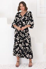 Lunan Maxi Dress - Long Smock Dress with Matching Waist Tie in Stassie Print