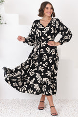 Lunan Maxi Dress - Long Smock Dress with Matching Waist Tie in Stassie Print