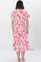 Luvira Midi Dress - Button Down Collared Dress With Statement Belt In Braley Print Pink