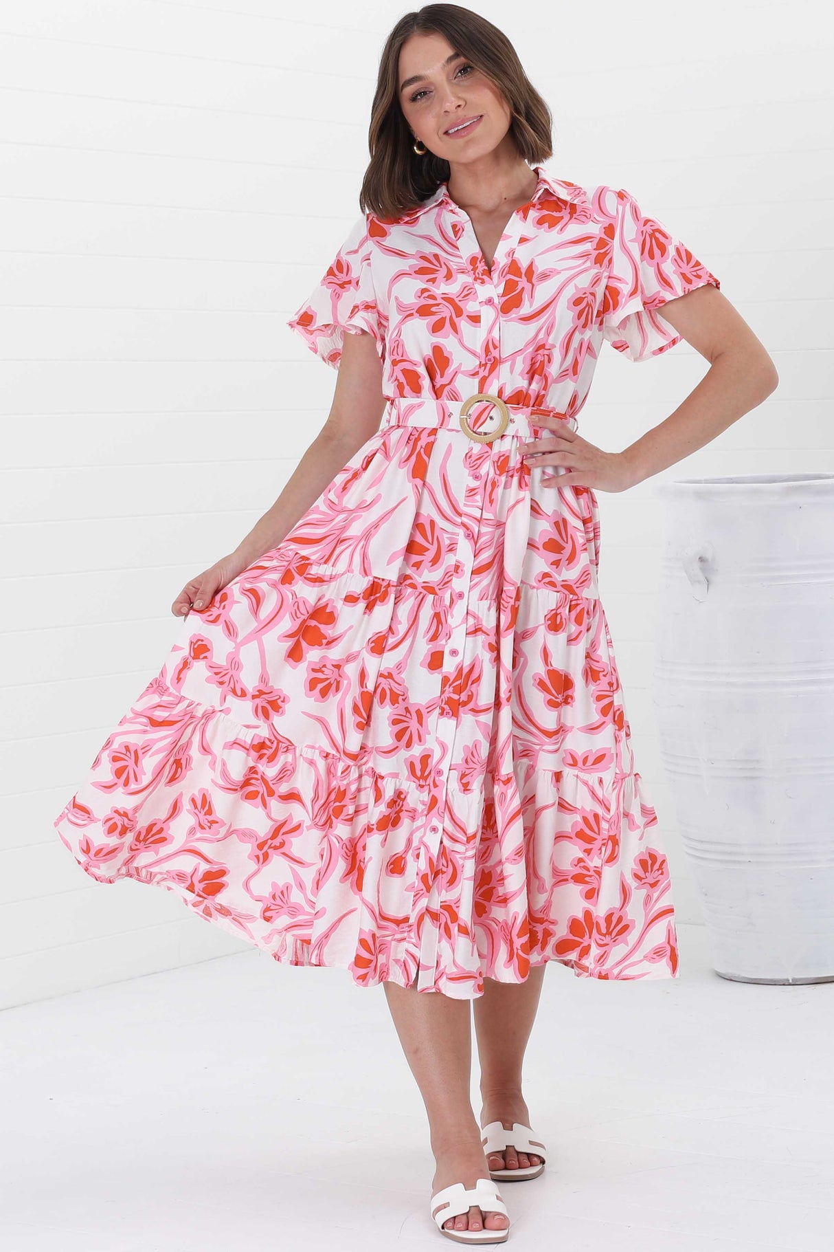 Luvira Midi Dress - Button Down Collared Dress With Statement Belt In Braley Print Pink