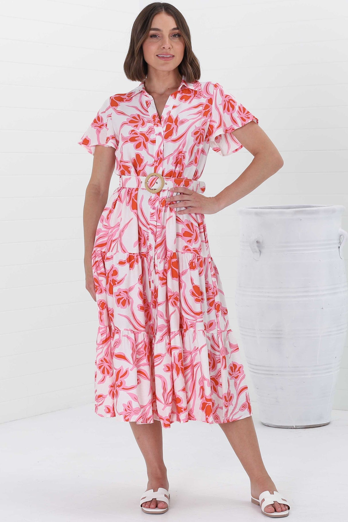 Luvira Midi Dress - Button Down Collared Dress With Statement Belt In Braley Print Pink