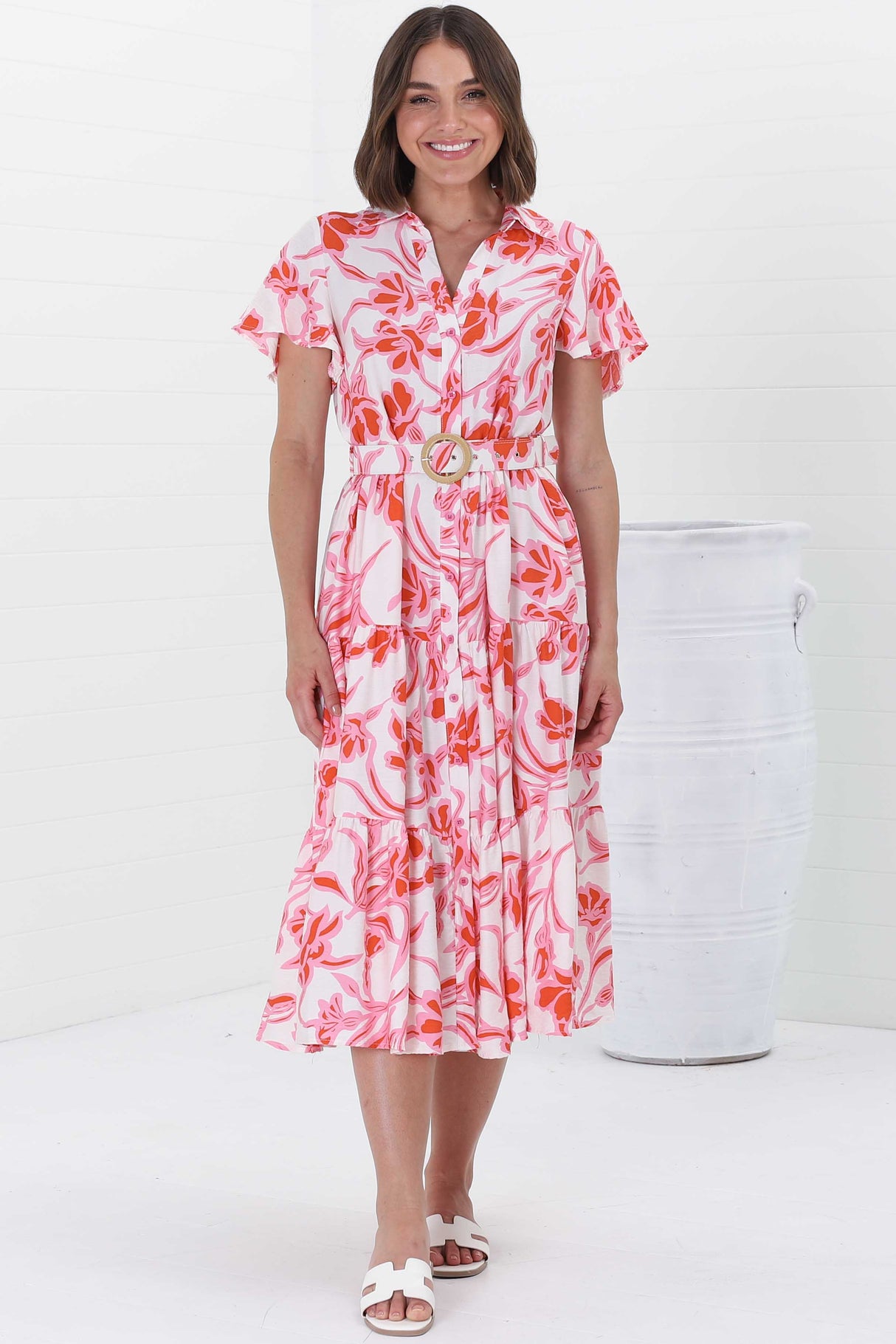 Luvira Midi Dress - Button Down Collared Dress With Statement Belt In Braley Print Pink