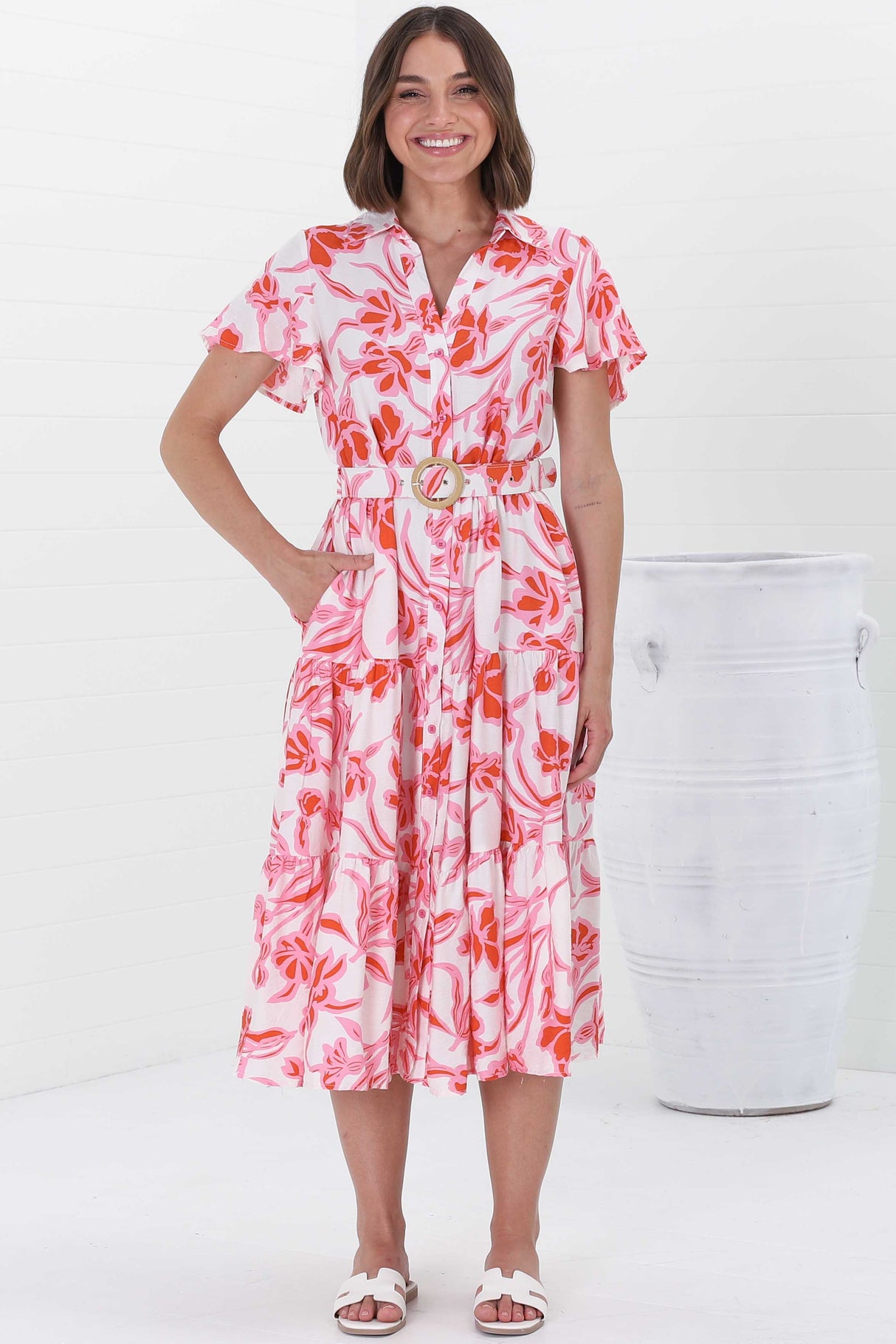 Luvira Midi Dress - Button Down Collared Dress With Statement Belt In Braley Print Pink