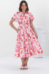 Luvira Midi Dress - Button Down Collared Dress With Statement Belt In Braley Print Pink