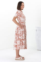 Luvira Midi Dress - Button Down Collared Dress With Statement Belt In Havanna Print Cream