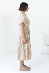 Luvira Midi Dress - Button Down Collared Dress With Statement Belt In Jeani Print Beige