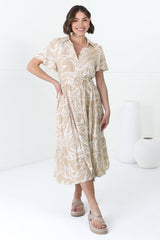 Luvira Midi Dress - Button Down Collared Dress With Statement Belt In Jeani Print Beige