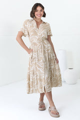 Luvira Midi Dress - Button Down Collared Dress With Statement Belt In Jeani Print Beige