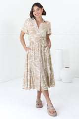 Luvira Midi Dress - Button Down Collared Dress With Statement Belt In Jeani Print Beige