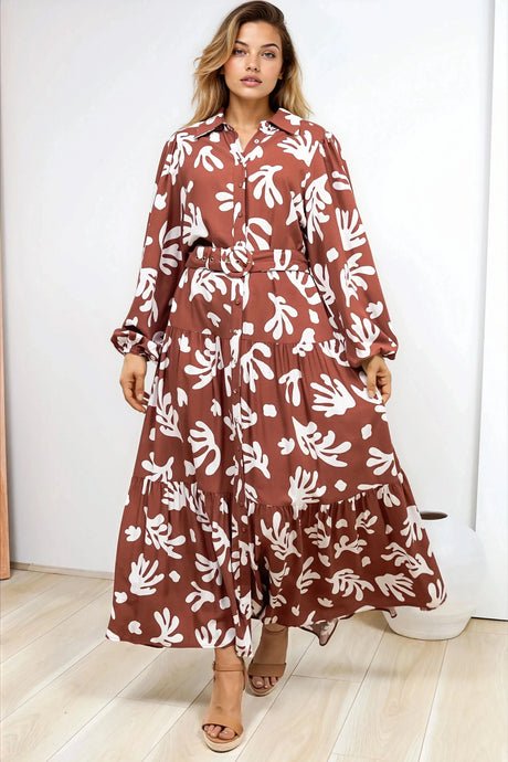 Luxley Maxi Dress - Collared Button Down Shirt Dress with Matching Belt in Stassie Print Brown