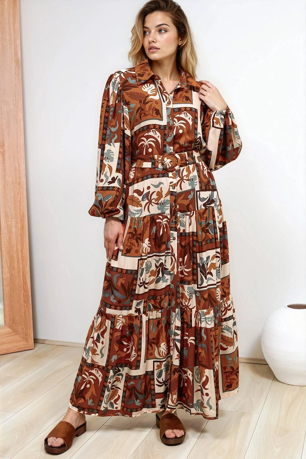 Luxley Maxi Dress Collared Button Down Shirt Dress Matching Belt Jaya Muse Print