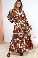 Luxley Maxi Dress - Collared Button Down Shirt Dress with Matching Belt in Jaya Muse Print