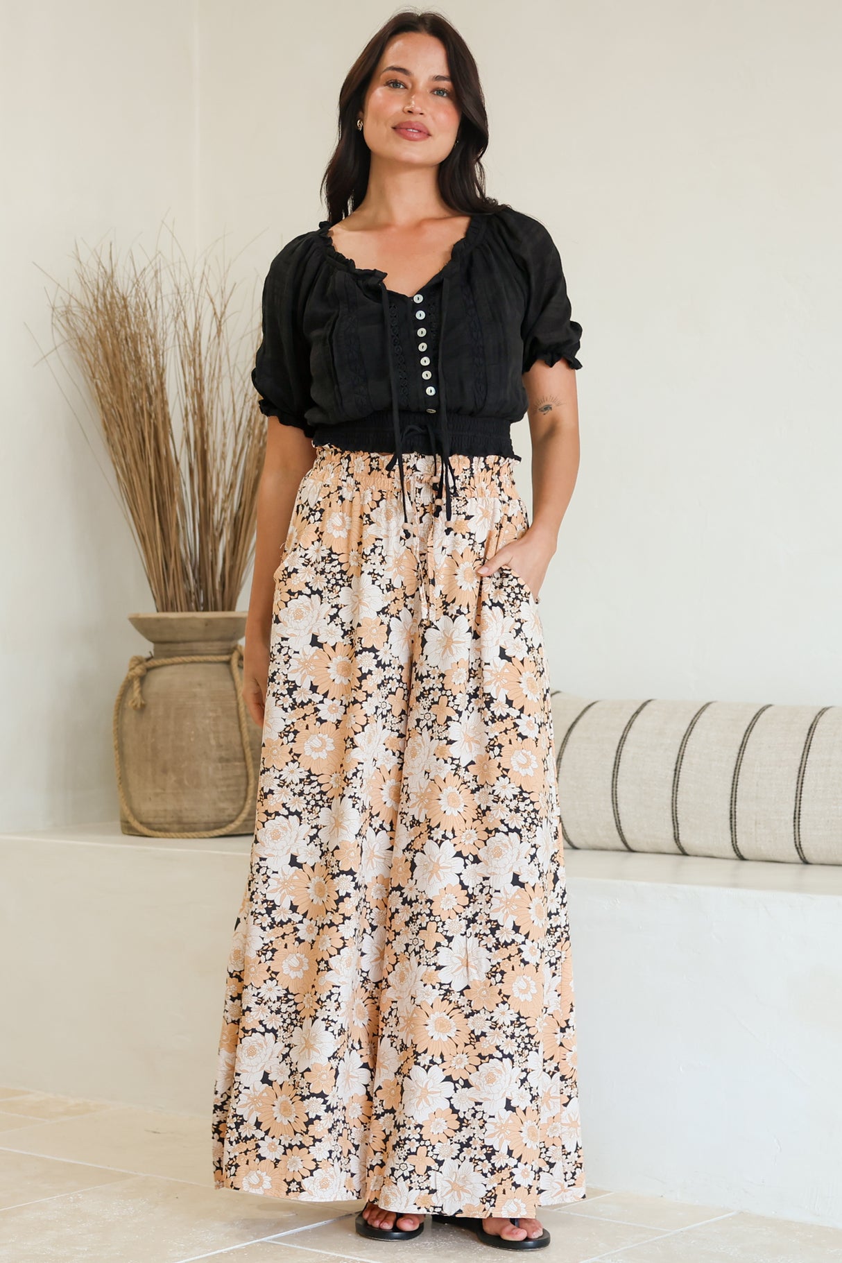 Lyanna Pants Paper Bag High Waisted Wide Leg Pants with Floral Print