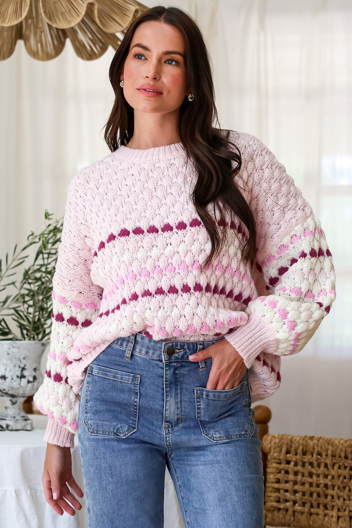 Lyla Jumper - Crew Neck Bubble Knit with Contrast Stripes in Pink