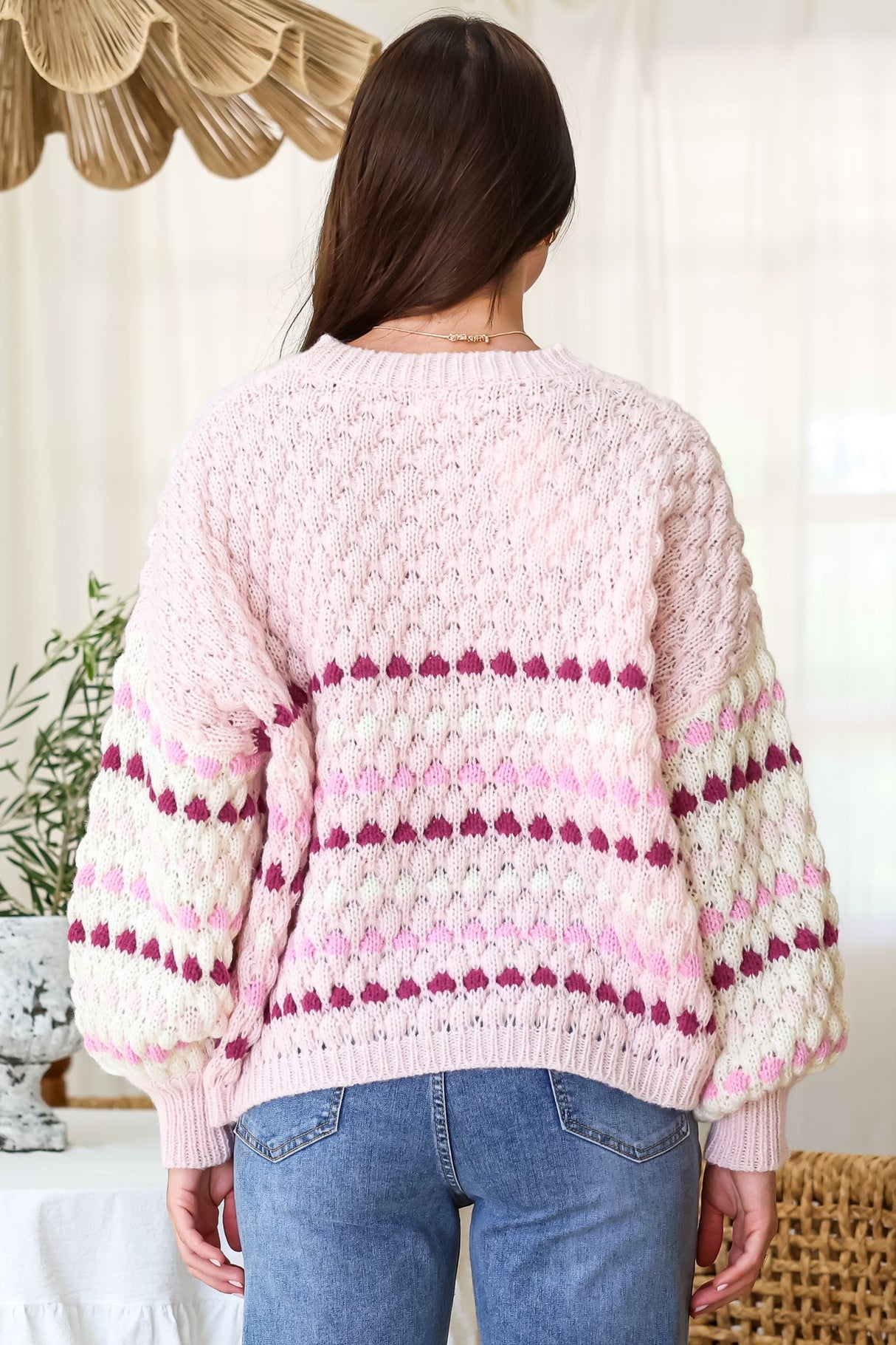 Lyla Jumper - Crew Neck Bubble Knit with Contrast Stripes in Pink