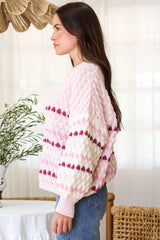 Lyla Jumper - Crew Neck Bubble Knit with Contrast Stripes in Pink