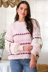 Lyla Jumper - Crew Neck Bubble Knit with Contrast Stripes in Pink