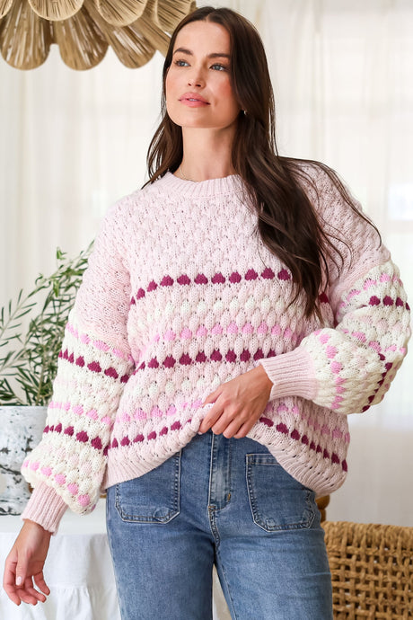 Lyla Jumper - Crew Neck Bubble Knit with Contrast Stripes in Pink