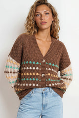 Model wearing Lyla Cardigan in Coffee from Salty Crush