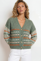 Woman wearing a green patterned sweater against a white background