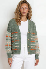 Model wearing Lyla Cardigan in Green from Salty Crush

