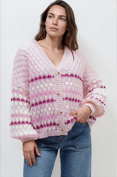 Model wearing Lyla Cardigan in Pink from Salty Crush