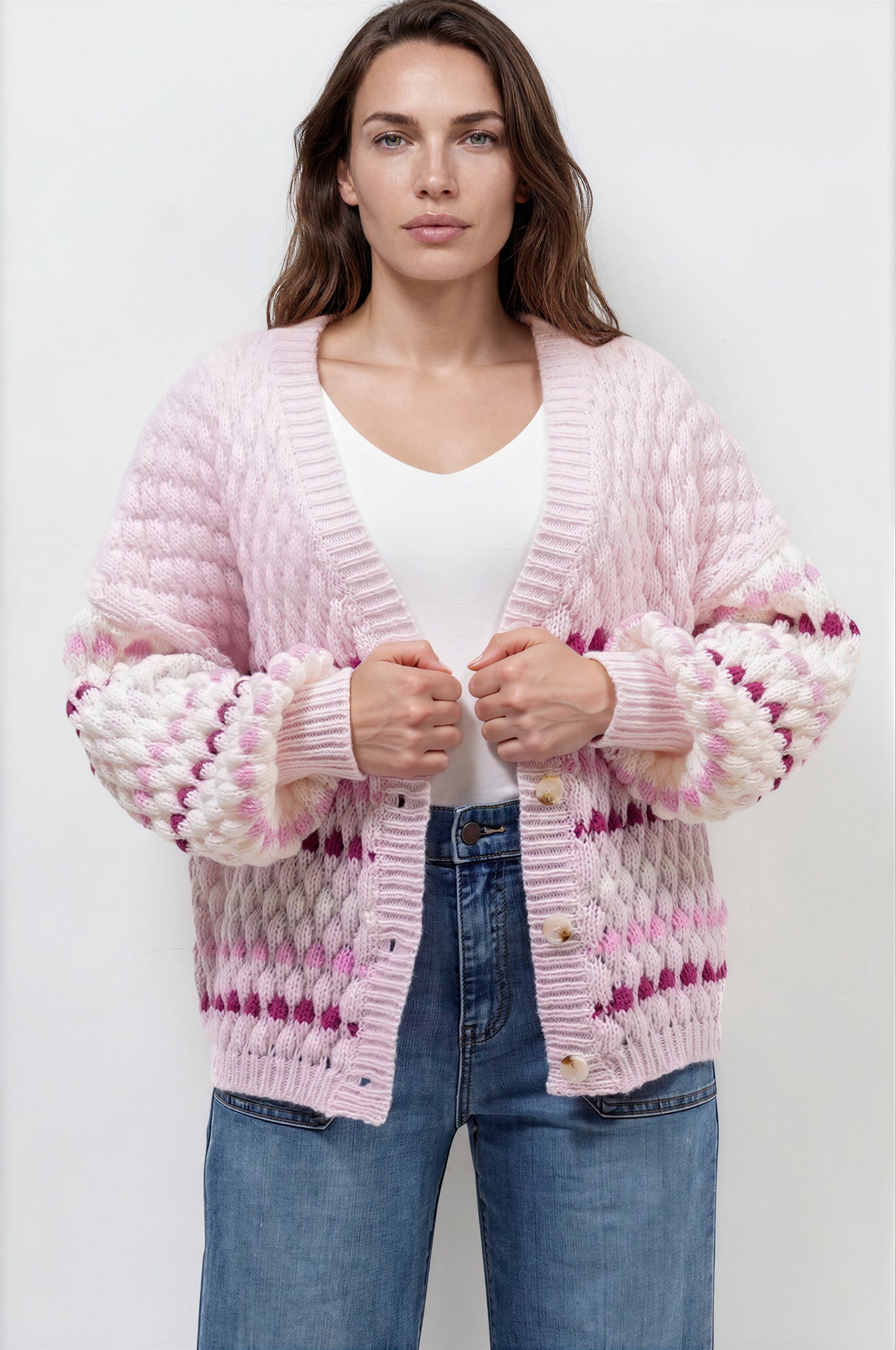 Model wearing Lyla Cardigan in Pink from Salty Crush