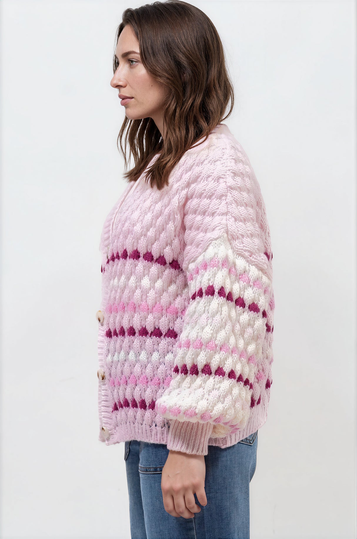 Model wearing Lyla Cardigan in Pink from Salty Crush