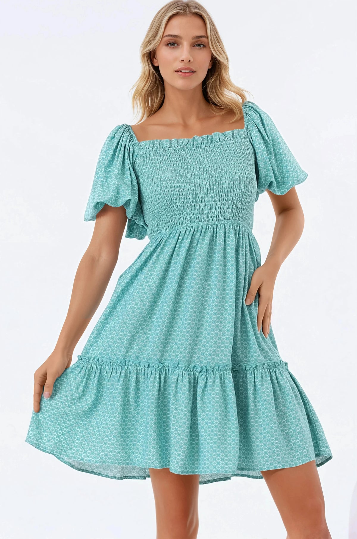 Lyn Mini Dress - On or Off Shoulder Shirred Bodice Mini Dress in Airin Print
