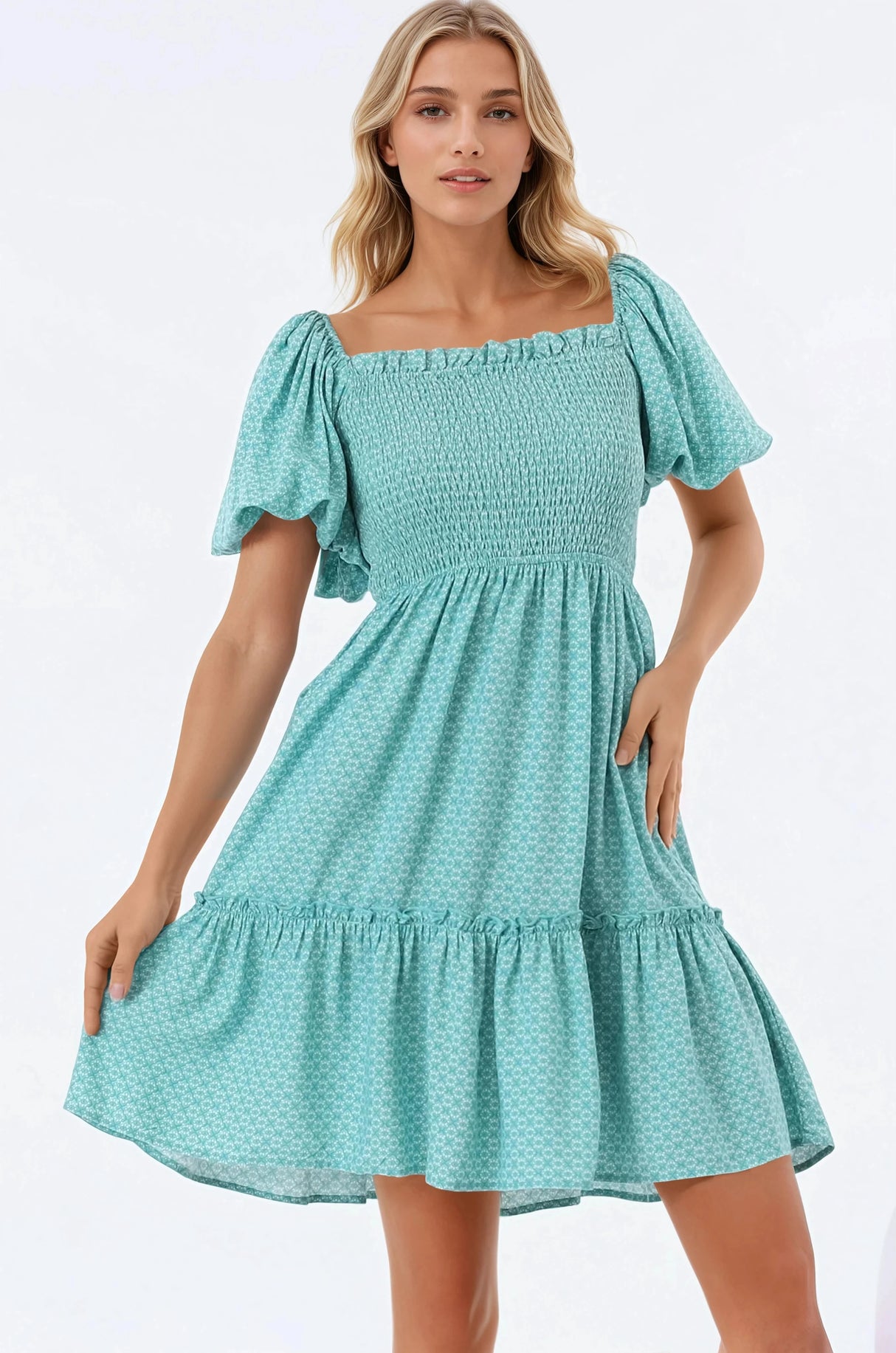 Lyn Mini Dress - On or Off Shoulder Shirred Bodice Mini Dress in Airin Print