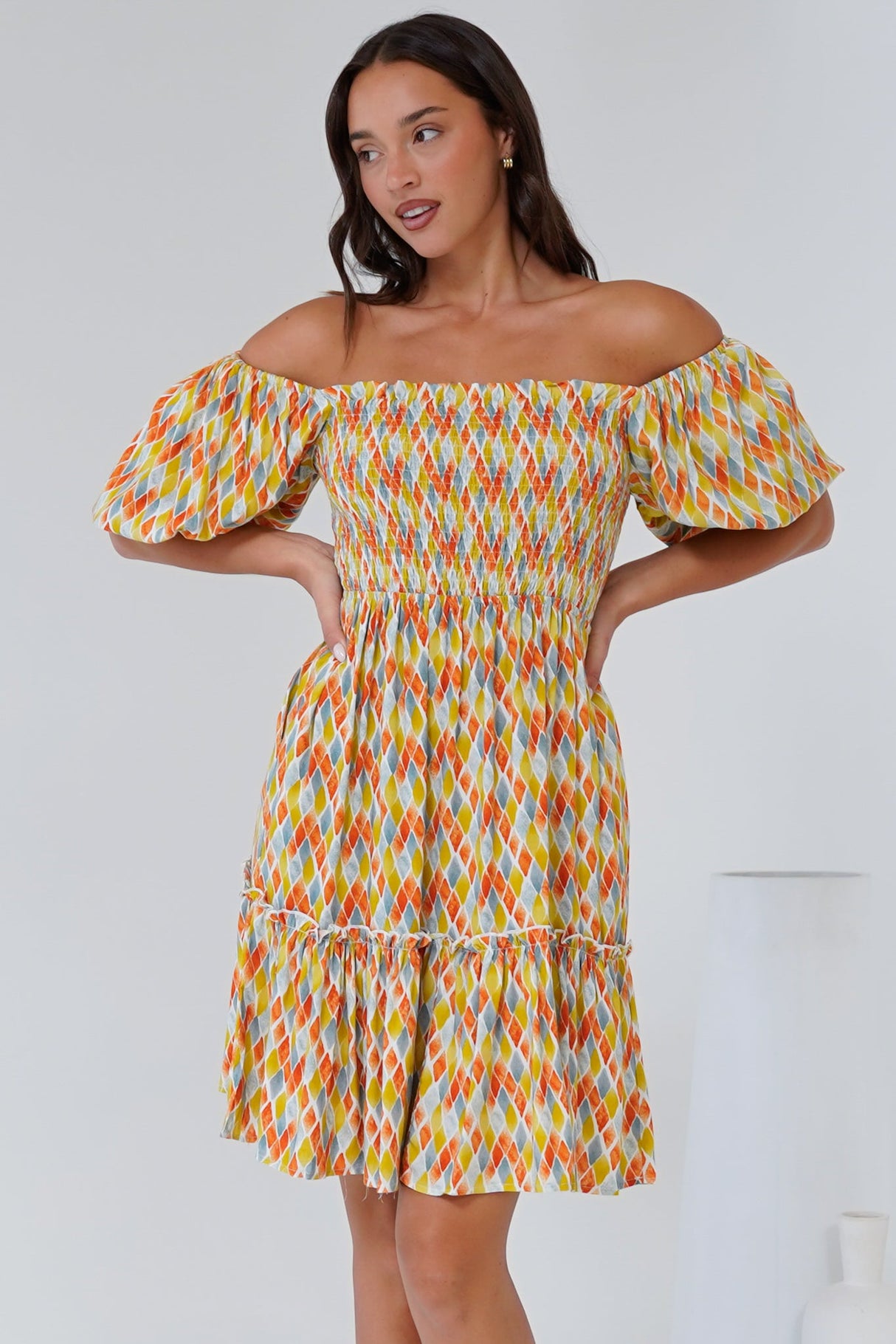 Lyn Mini Dress - On or Off Shoulder Shirred Bodice Mini Dress in Harlequin Print