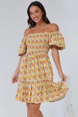 Lyn Mini Dress - On or Off Shoulder Shirred Bodice Mini Dress in Harlequin Print