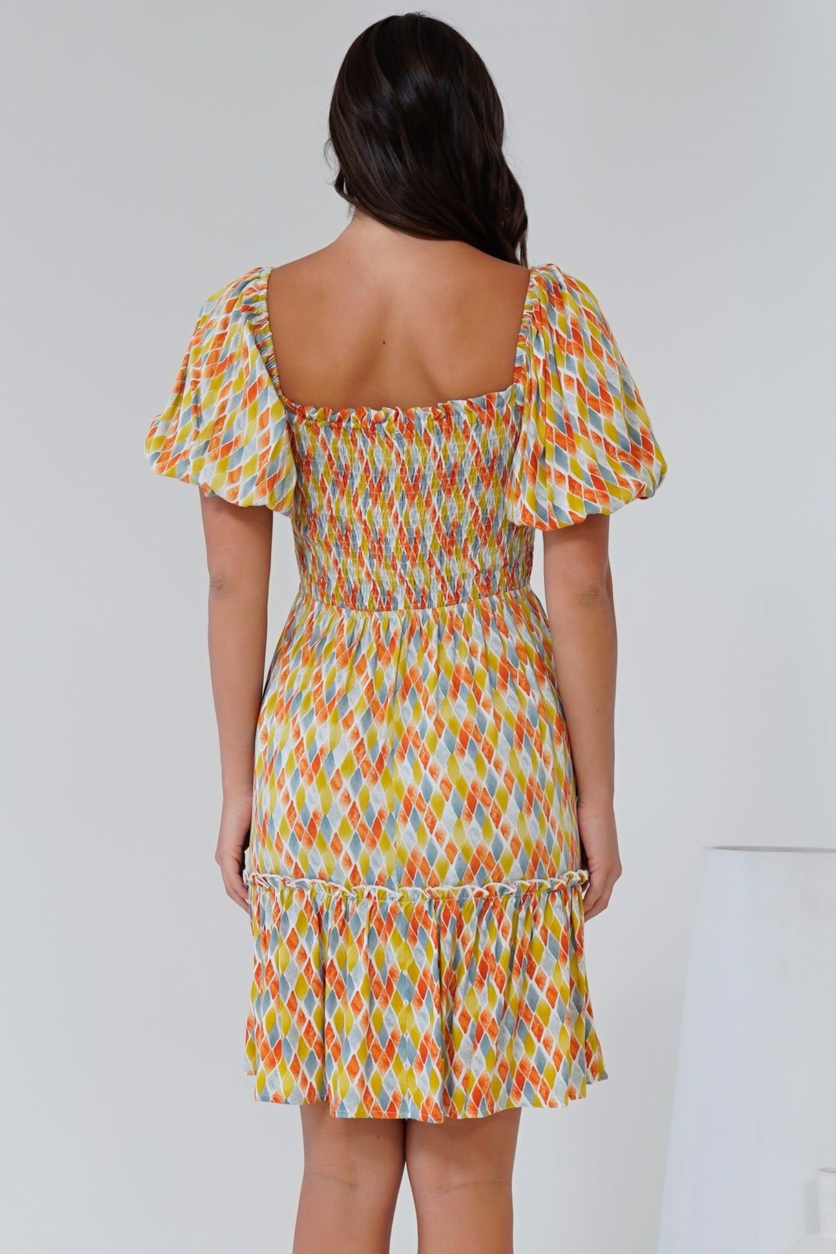 Lyn Mini Dress - On or Off Shoulder Shirred Bodice Mini Dress in Harlequin Print